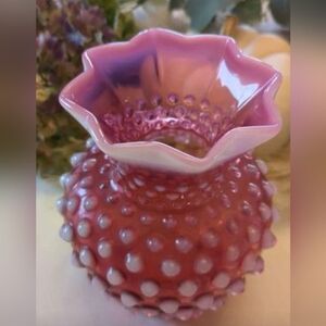 FENTON Vase Cranberry Opalescent Hobnail 5.5 Inches Tall 8-Point Crimped Edge